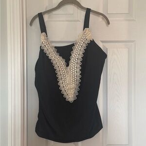 Sea Angel 2X Black Tankini Swim top with Cream Lace Trim